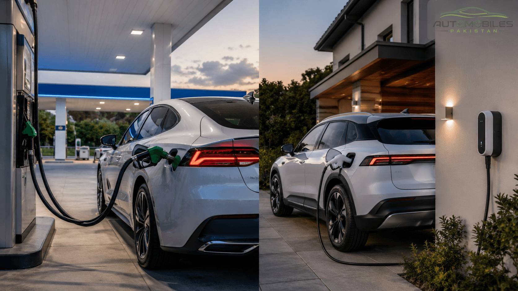 Electric sedan and electric SUV at a clean charging station